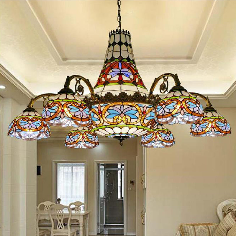 Curved Arm Stained Glass Chandelier - 11 Lights Mediterranean Ceiling Light in Pink/Blue/Purplish Blue