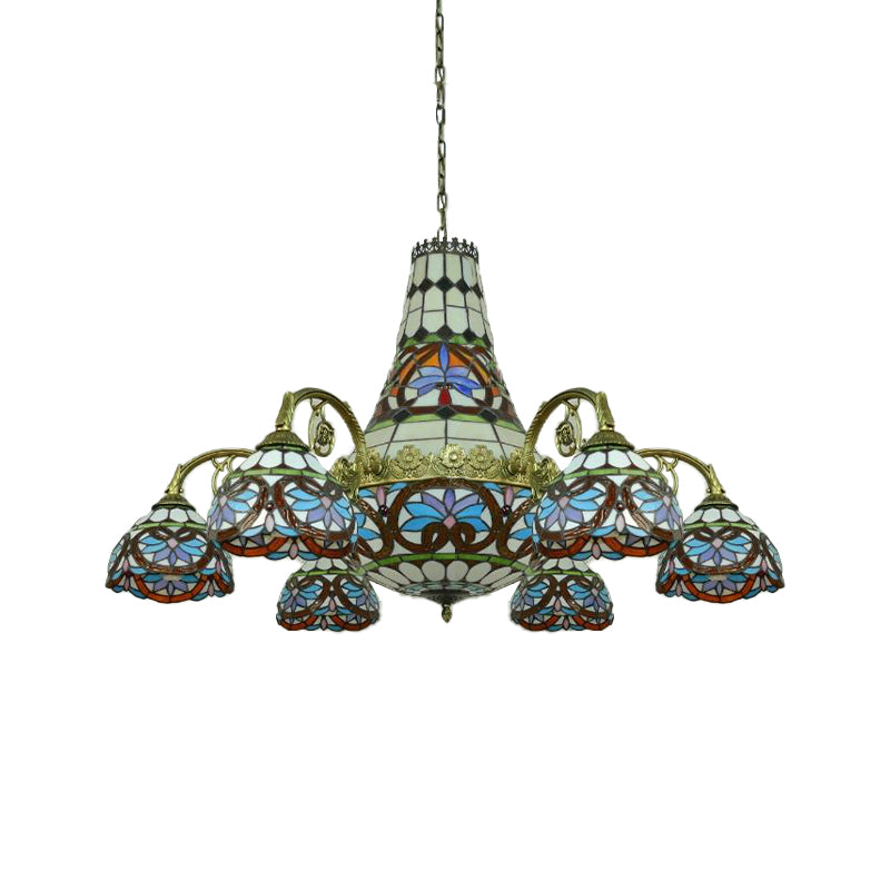 Curved Arm Stained Glass Chandelier - 11 Lights Mediterranean Ceiling Light in Pink/Blue/Purplish Blue