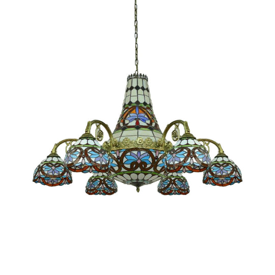 Curved Arm Stained Glass Chandelier - 11 Lights Mediterranean Ceiling Light in Pink/Blue/Purplish Blue