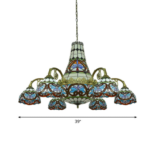 Curved Arm Stained Glass Chandelier - 11 Lights Mediterranean Ceiling Light in Pink/Blue/Purplish Blue