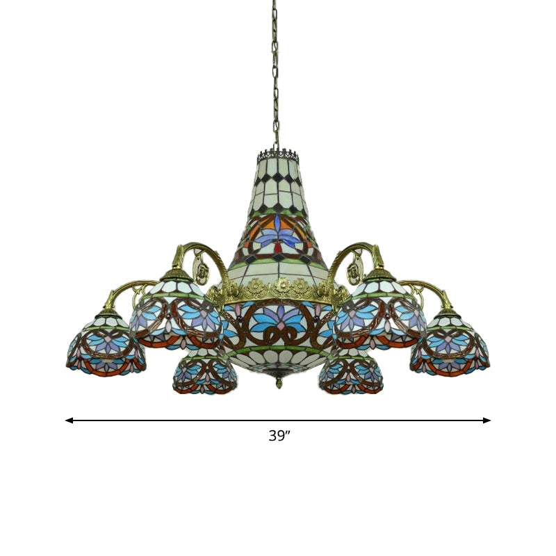 Stained Glass Mediterranean Chandelier - Curved Arm Ceiling Light With 11 Pink & Blue/Purplish Blue