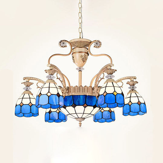 Baroque Cut Glass Chandelier Light - Blue Dome Pendant Lighting Fixture With 5/9/11 Lights Wide