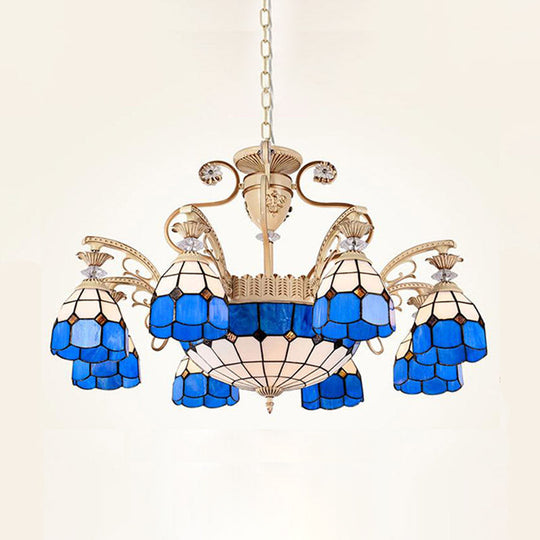 Baroque Cut Glass Chandelier Light - Blue Dome Pendant Lighting Fixture With 5/9/11 Lights Wide