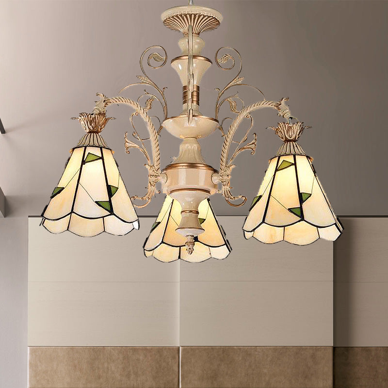 Baroque Stained Glass Chandelier with 3/5 Lights in White and Gold