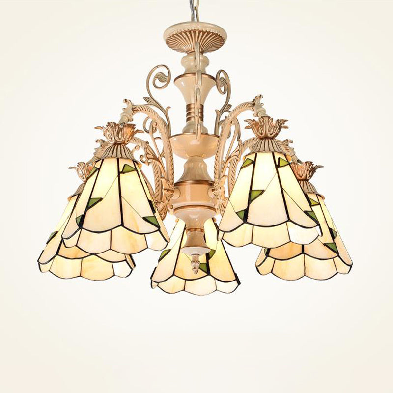 Baroque Stained Glass Chandelier with 3/5 Lights in White and Gold