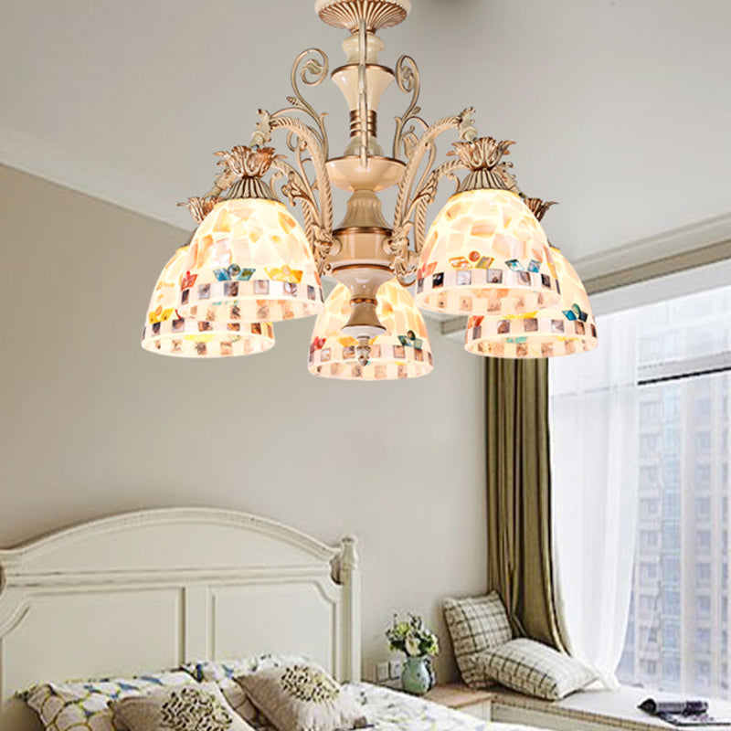 3/5 Lights Chandelier Pendant Light - White and Gold Tiffany Style Stained Glass Mosaic Hanging Lamp Kit