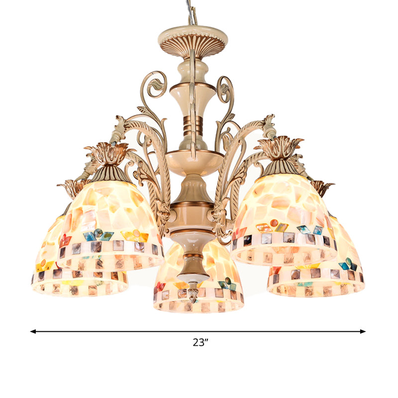 3/5 Lights Chandelier Pendant Light - White and Gold Tiffany Style Stained Glass Mosaic Hanging Lamp Kit