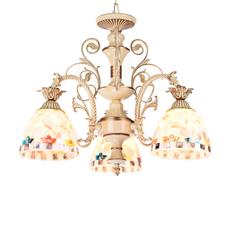 3/5 Lights Chandelier Pendant Light - White and Gold Tiffany Style Stained Glass Mosaic Hanging Lamp Kit