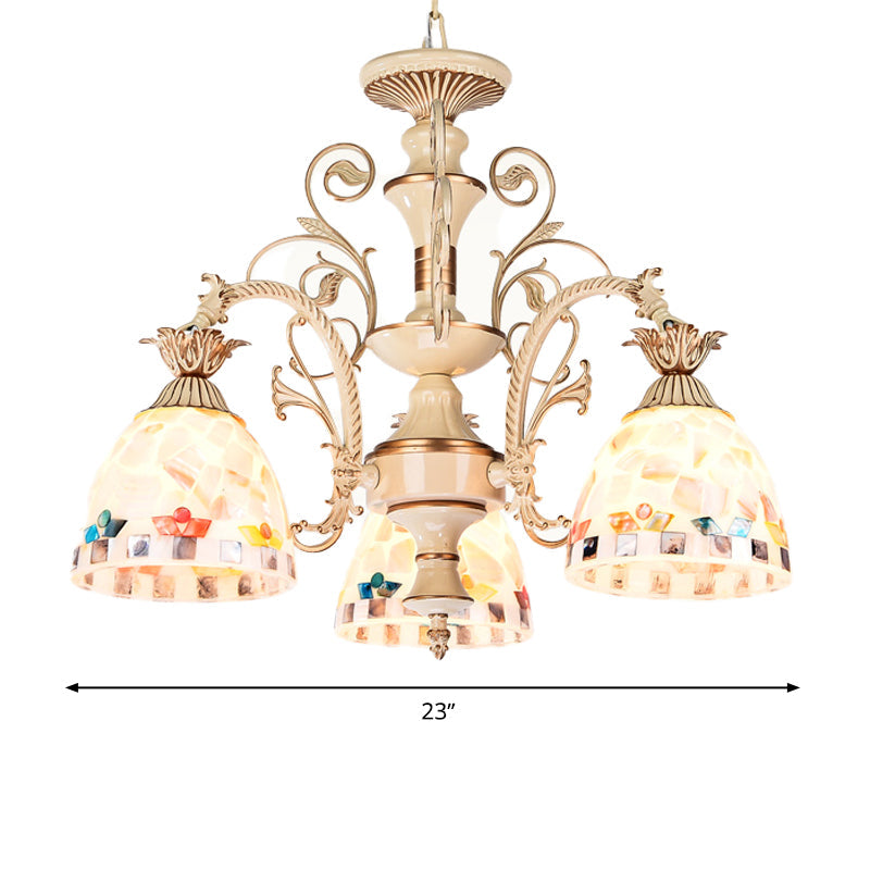 Tiffany Style Stained Glass Chandelier Pendant Light - White & Gold Finish 3/5 Lights Mosaic Hanging