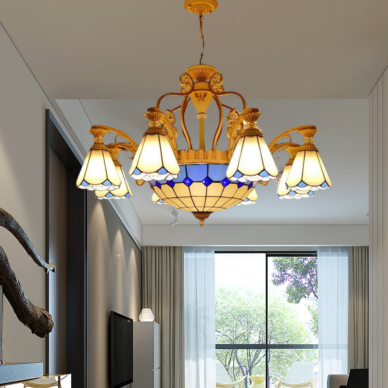 Baroque Style Stained Glass Pendant Chandelier with 8/11 Lights in White/Blue, Available in 31.5"/37.5" Width