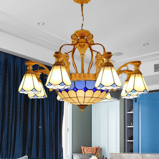 Baroque Style Stained Glass Pendant Chandelier with 8/11 Lights in White/Blue, Available in 31.5"/37.5" Width