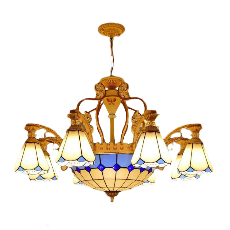 Baroque Style Stained Glass Pendant Chandelier with 8/11 Lights in White/Blue, Available in 31.5"/37.5" Width