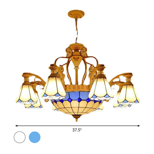 Baroque Style Stained Glass Pendant Chandelier with 8/11 Lights in White/Blue, Available in 31.5"/37.5" Width