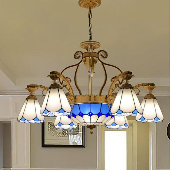 Baroque Style Stained Glass Pendant Chandelier with 8/11 Lights in White/Blue, Available in 31.5"/37.5" Width