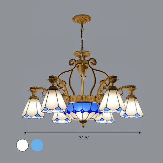 Baroque Style Stained Glass Pendant Chandelier with 8/11 Lights in White/Blue, Available in 31.5"/37.5" Width