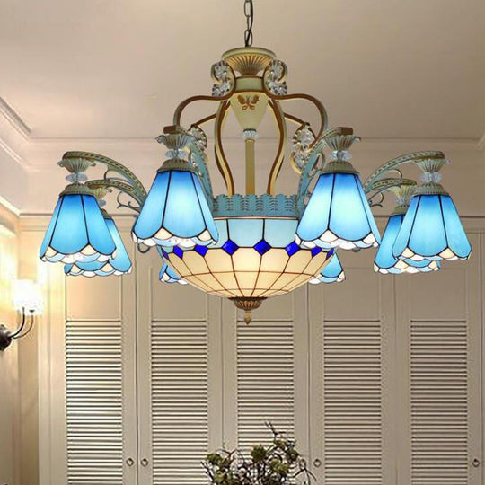 Baroque Style Stained Glass Pendant Chandelier with 8/11 Lights in White/Blue, Available in 31.5"/37.5" Width