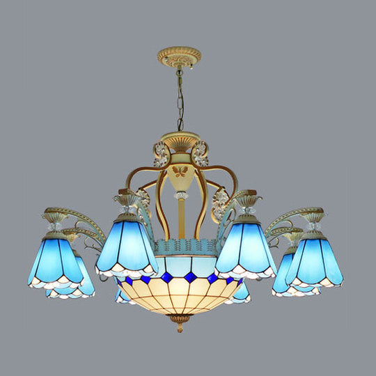 Baroque Style Stained Glass Pendant Chandelier with 8/11 Lights in White/Blue, Available in 31.5"/37.5" Width