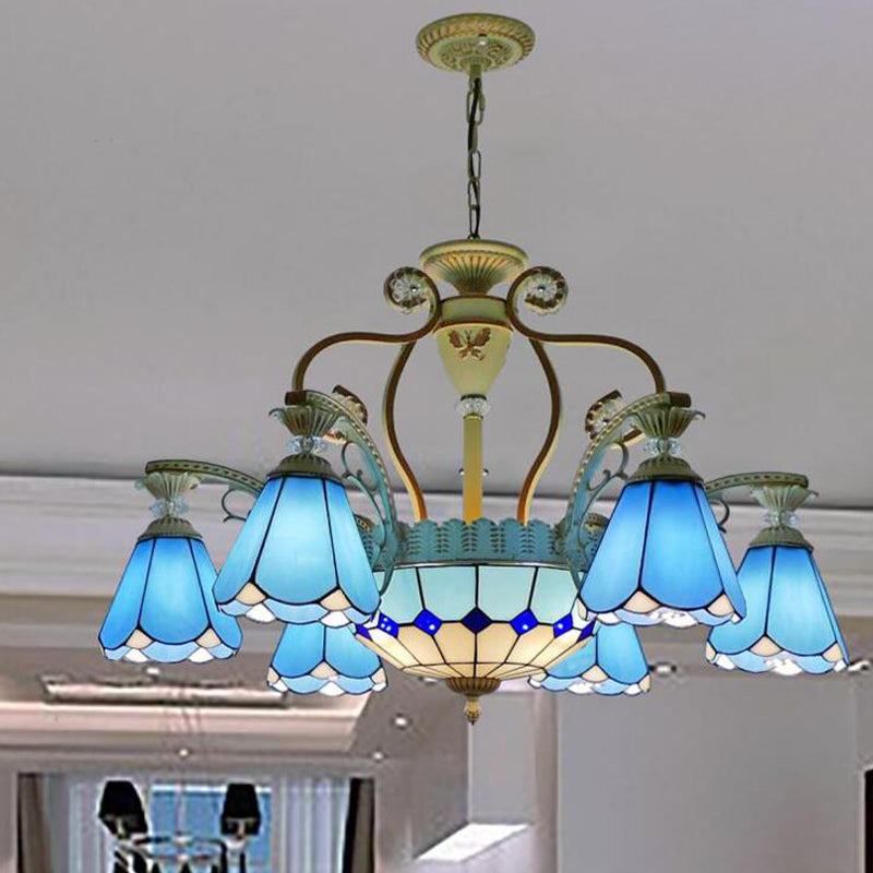 Baroque Style Stained Glass Pendant Chandelier with 8/11 Lights in White/Blue, Available in 31.5"/37.5" Width