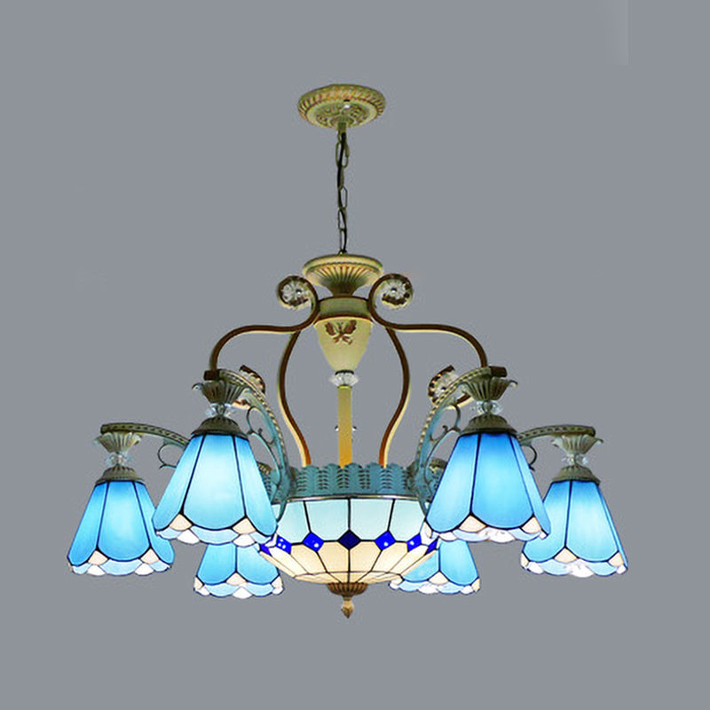 Baroque Style Stained Glass Pendant Chandelier with 8/11 Lights in White/Blue, Available in 31.5"/37.5" Width