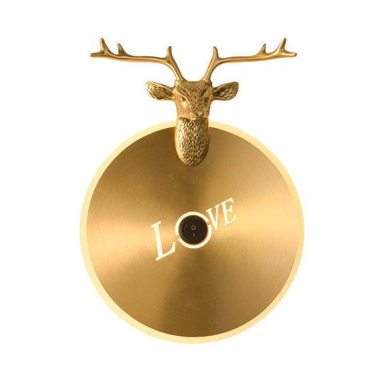 Metal Round Panel Led Wall Sconce In Brass/Black With Elk Decoration - Perfect For Traditional