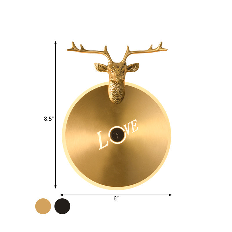 Metal Round Panel Led Wall Sconce In Brass/Black With Elk Decoration - Perfect For Traditional