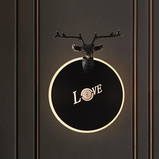 Metal Round Panel Led Wall Sconce In Brass/Black With Elk Decoration - Perfect For Traditional