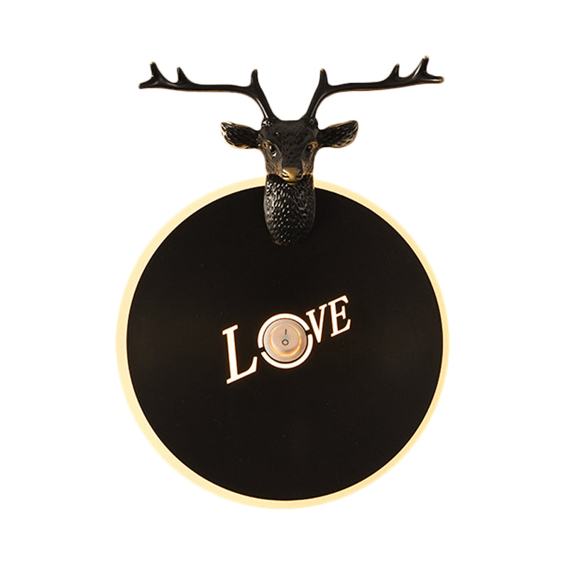 Metal Round Panel Led Wall Sconce In Brass/Black With Elk Decoration - Perfect For Traditional