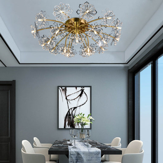 Postmodern Crystal Beaded 21-Light Gold Dandelion Semi Flush Mount for Dining Room Ceiling