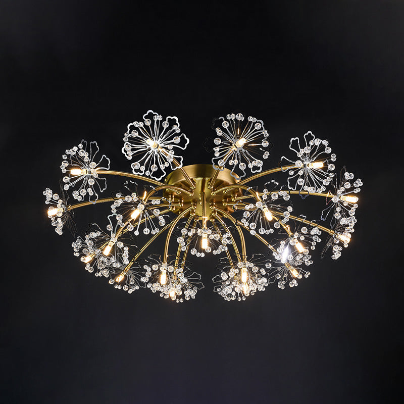 Postmodern Crystal Beaded 21-Light Gold Dandelion Semi Flush Mount for Dining Room Ceiling