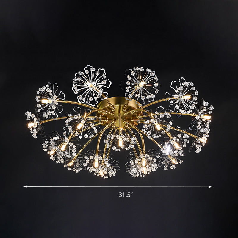 Postmodern Crystal Beaded 21-Light Gold Dandelion Semi Flush Mount For Dining Room Ceiling