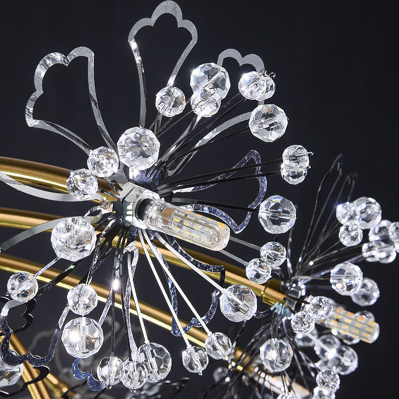 Postmodern Crystal Beaded 21-Light Gold Dandelion Semi Flush Mount for Dining Room Ceiling