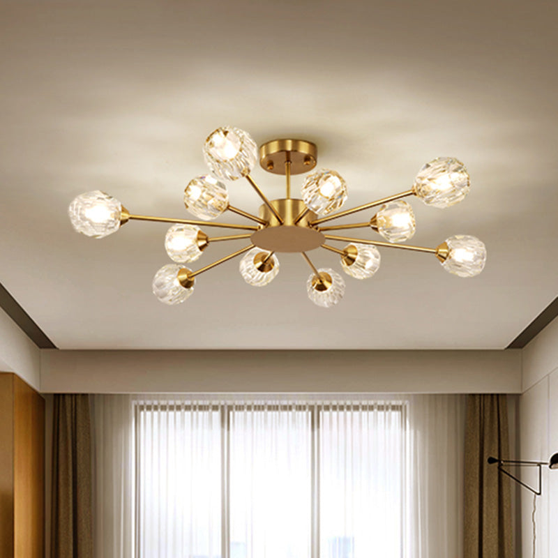 Postmodern Gold Ceiling Lamp with 12 Heads: Clear Faceted Crystal Sputnik, Semi-Flush Mount Fixture