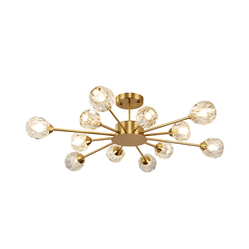 Postmodern Gold Ceiling Lamp with 12 Heads: Clear Faceted Crystal Sputnik, Semi-Flush Mount Fixture