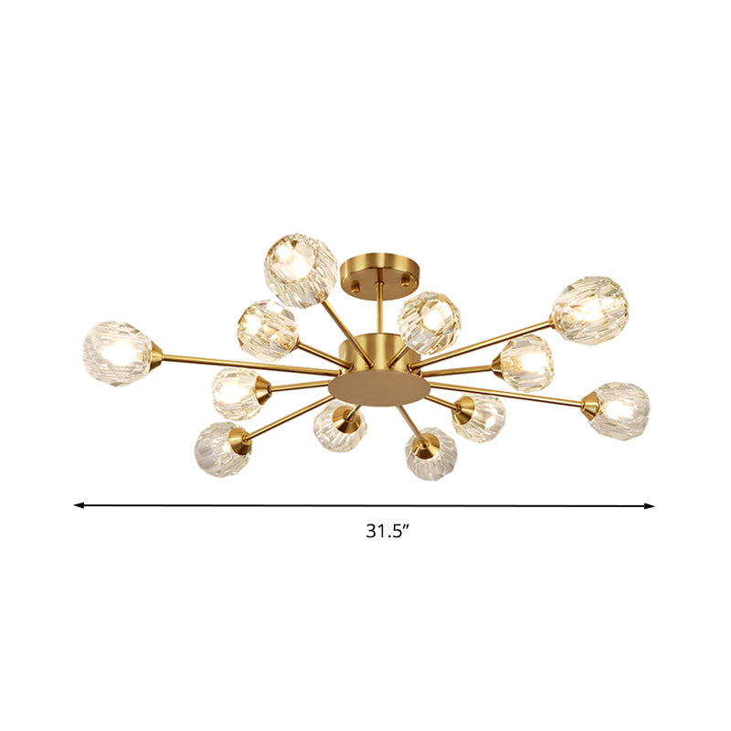 Postmodern Gold Ceiling Lamp with 12 Heads: Clear Faceted Crystal Sputnik, Semi-Flush Mount Fixture