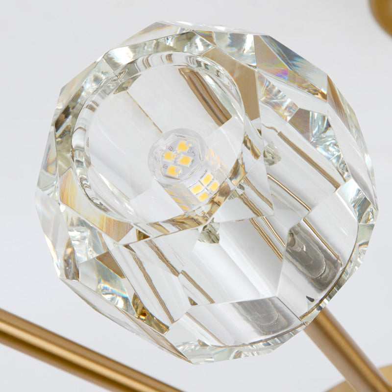 Postmodern Gold Ceiling Lamp with 12 Heads: Clear Faceted Crystal Sputnik, Semi-Flush Mount Fixture