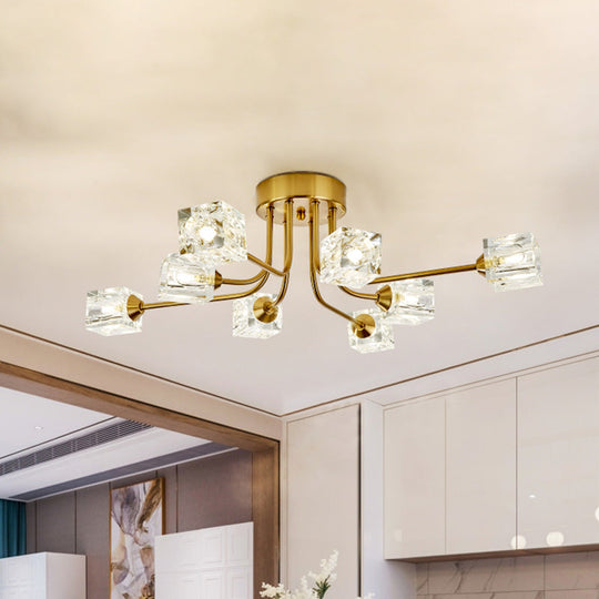 8-Head Cubic Crystal Ceiling Light Fixture in Gold- Postmodern Curved Arm Semi Flush Mount