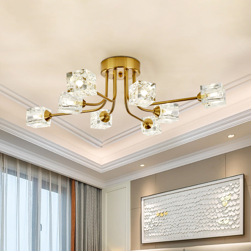 8-Head Cubic Crystal Ceiling Light Fixture in Gold- Postmodern Curved Arm Semi Flush Mount