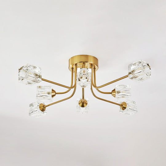 8-Head Cubic Crystal Ceiling Light Fixture in Gold- Postmodern Curved Arm Semi Flush Mount