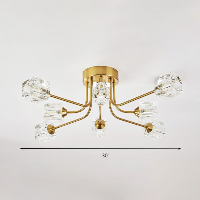 8-Head Cubic Crystal Ceiling Light Fixture in Gold- Postmodern Curved Arm Semi Flush Mount