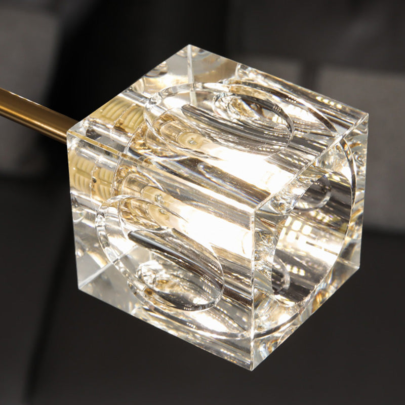 8-Head Cubic Crystal Ceiling Light Fixture in Gold- Postmodern Curved Arm Semi Flush Mount