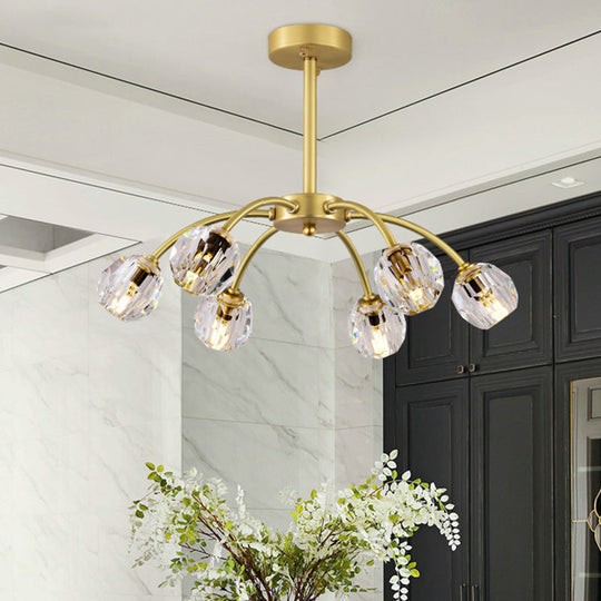 Semi Flush Mount Crystal Ceiling Light Fixture with Faceted Design - Elegant Gold Sputnik Style, Perfect for Dining Rooms - 6 Heads