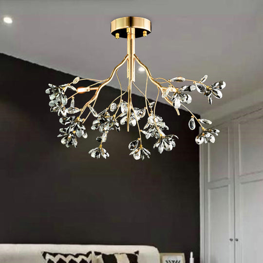 Postmodern Gold Leaf Crystal Semi Flush Mount Ceiling Lamp with 3 Branch-Style Heads