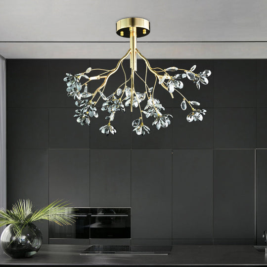 Postmodern Gold Leaf Crystal Semi Flush Mount Ceiling Lamp with 3 Branch-Style Heads