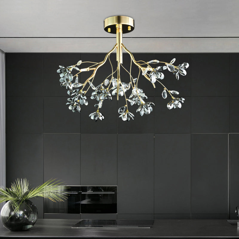 Postmodern Gold Leaf Crystal Semi Flush Mount Ceiling Lamp With 3 Branch-Style Heads