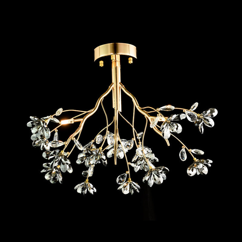 Postmodern Gold Leaf Crystal Semi Flush Mount Ceiling Lamp with 3 Branch-Style Heads