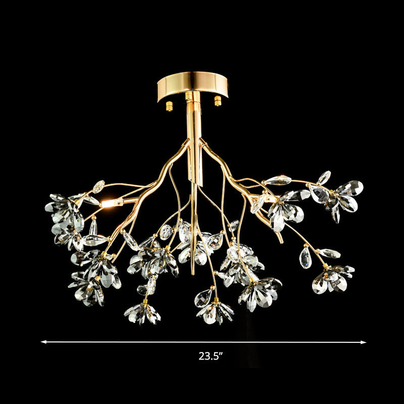 Postmodern Gold Leaf Crystal Semi Flush Mount Ceiling Lamp with 3 Branch-Style Heads