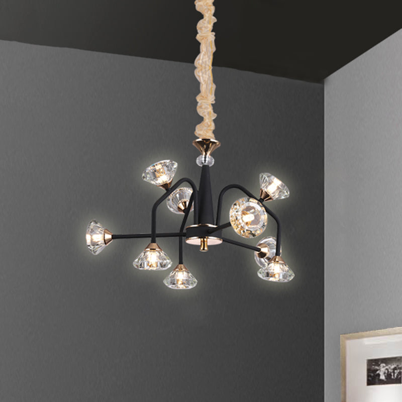 Modern Black Crystal Chandelier With 9/12 Lights - Pyramid Design Curved Arm Ceiling Hanging Light