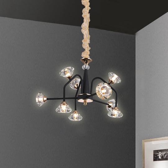 Modern Black Crystal Chandelier With 9/12 Lights - Pyramid Design Curved Arm Ceiling Hanging Light