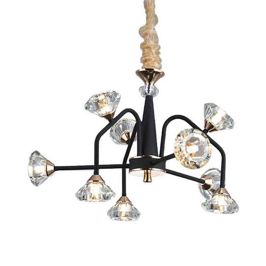 Modern Black Crystal Chandelier With 9/12 Lights - Pyramid Design Curved Arm Ceiling Hanging Light