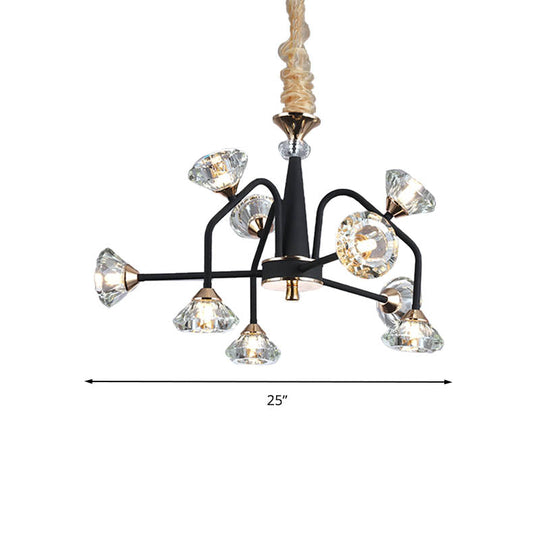 Modern Black Crystal Chandelier With 9/12 Lights - Pyramid Design Curved Arm Ceiling Hanging Light